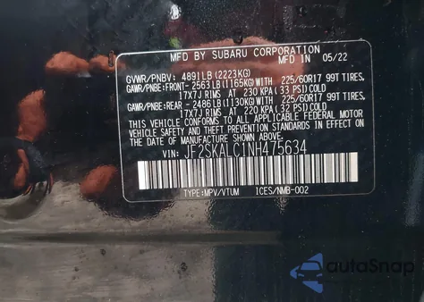 2022 Subaru Forester Wilderness из США, поврежденный, VIN JF2SKALC1NH475634